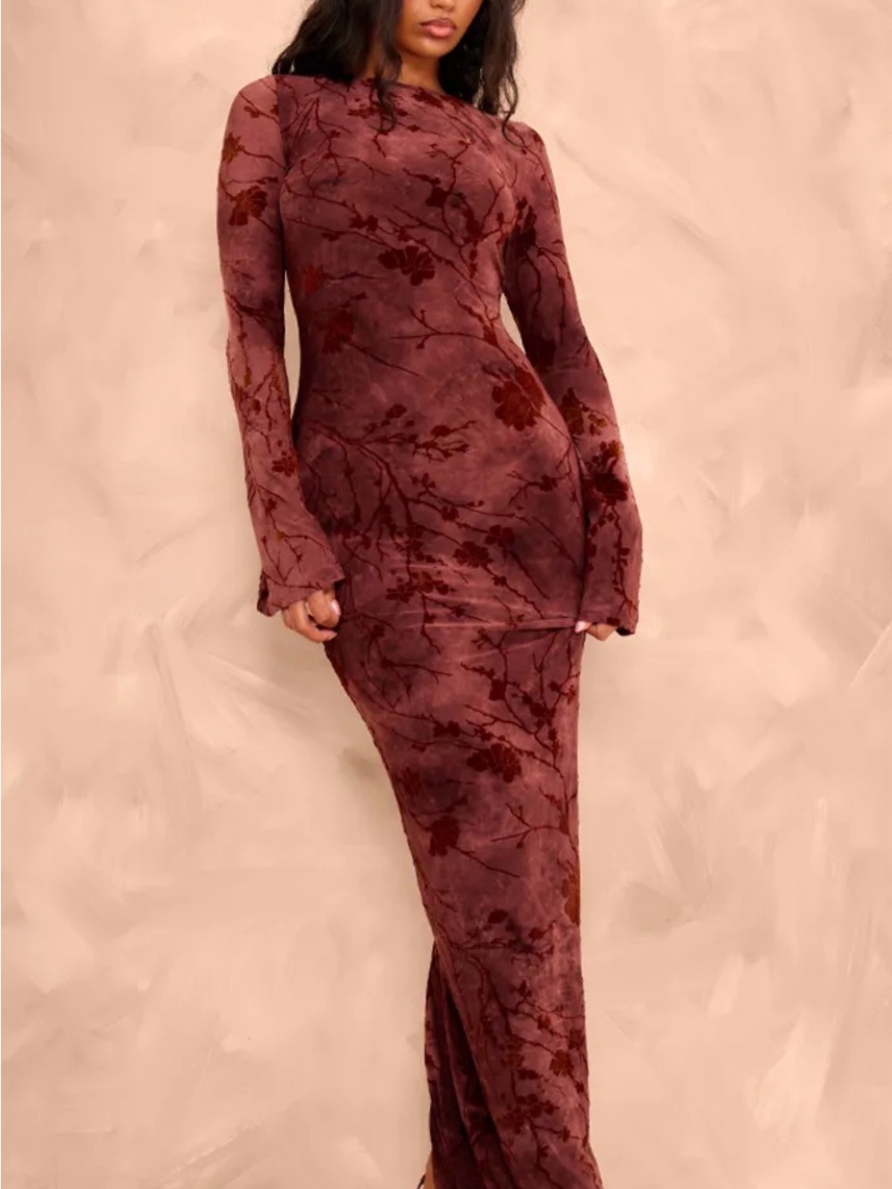 Pretty little thing Long Sleeve Bodycon Maxi Dress in Wine Floral